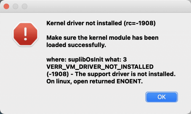 Kernel driver not installed rc 1908 virtualbox mac os что делать